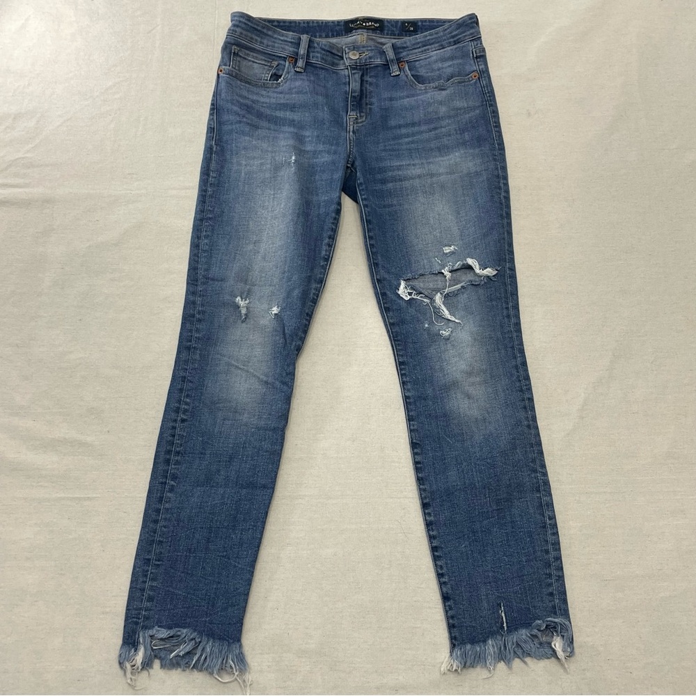 Lucky Brand Jeans Women 30x27 Blue Mid Rise Stella Skinny Raw Hem Distressed